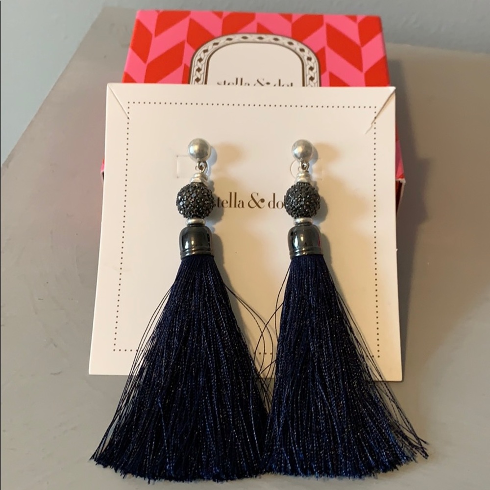 Stella & Dot navy and silver tassel earrings